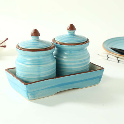 Wonderchef Teramo Dinner Set 14 Pcs with Bonus Teramo Blue Pickle Jar Set with Tray