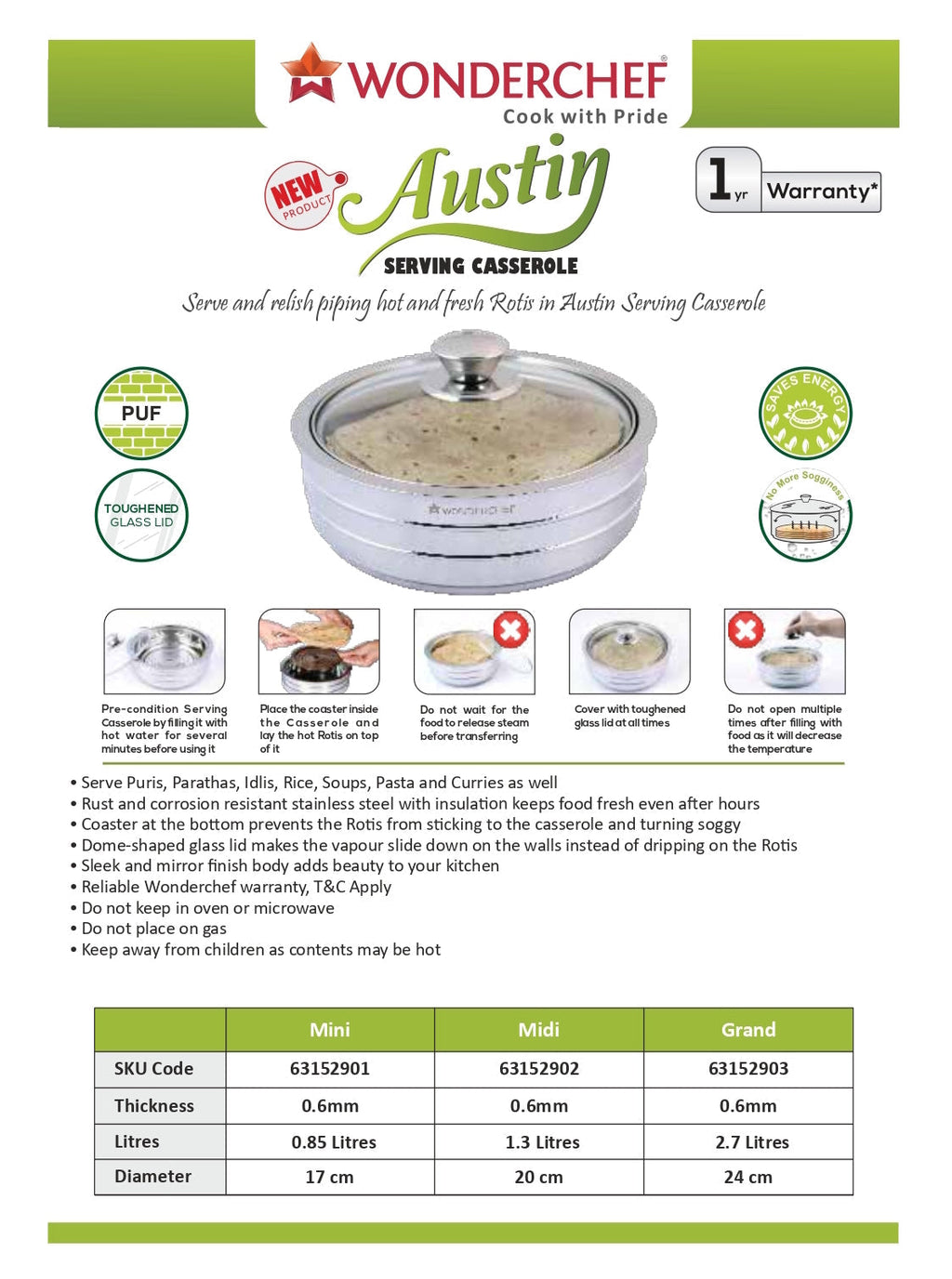 Wonderchef Austin Stainless Steel Serving Casserole - Set of 3 Mini, Midi & Grand
