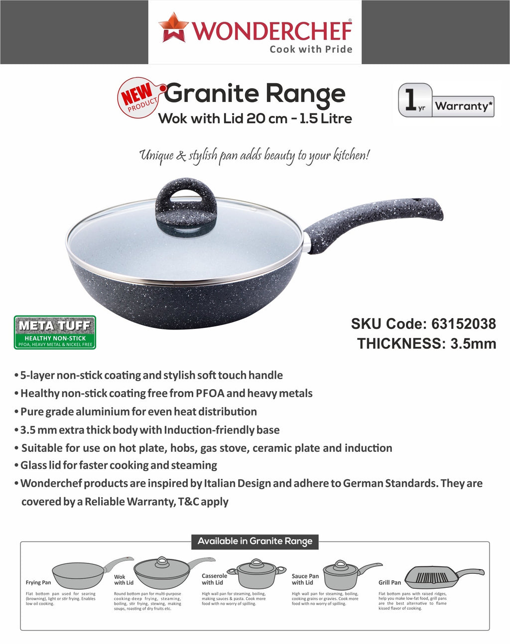 Wonderchef Granite Range Wok with Lid 20cm 1.5L