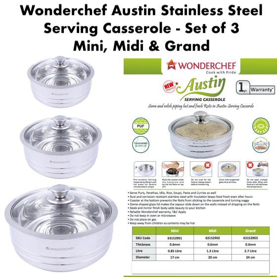 Wonderchef Austin Stainless Steel Serving Casserole - Set of 3 Mini, Midi & Grand
