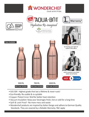 Wonderchef Aqua-Bot Vacuum Bottle Stainless Steel (Copper Finish) 1L