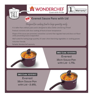 Wonderchef Everest 18cm Sauce pan with lid - 2.85L