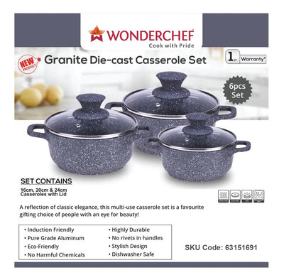 Wonderchef Granite Range Die-Cast Casserole Set – 6 Pc - Grey