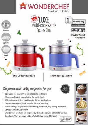 Wonderchef Luxe Multicook Kettle Blue 1.2 Litre with Australian Plug