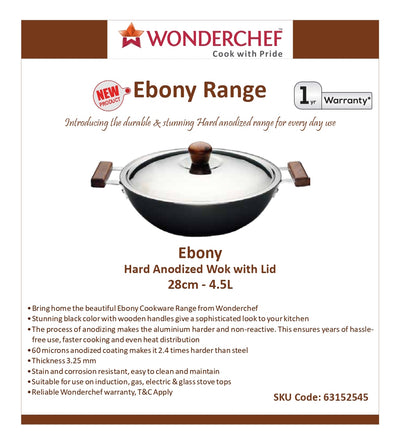 Wonderchef Ebony Hard Anodized Wok with Lid - 28cm 4.5L