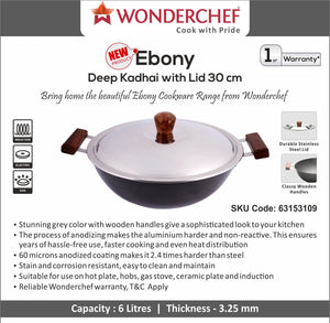 Wonderchef Ebony Deep Kadhai With Lid 30cm 6L