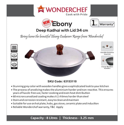 Wonderchef Ebony Deep Kadhai With Lid 34cm 8L